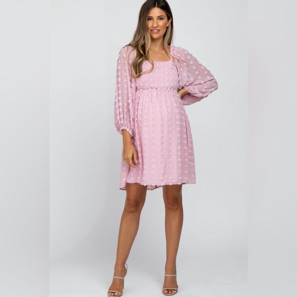 Pinkblush Dresses & Skirts - Pink Textured Dot Smocked Square Neck Chiffon Maternity Dress